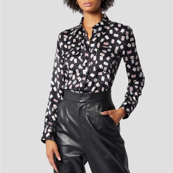 Equipment | Annelie Playing Cards Print Button Down Satin Top Playing Cards Silk - Picture 7 of 16